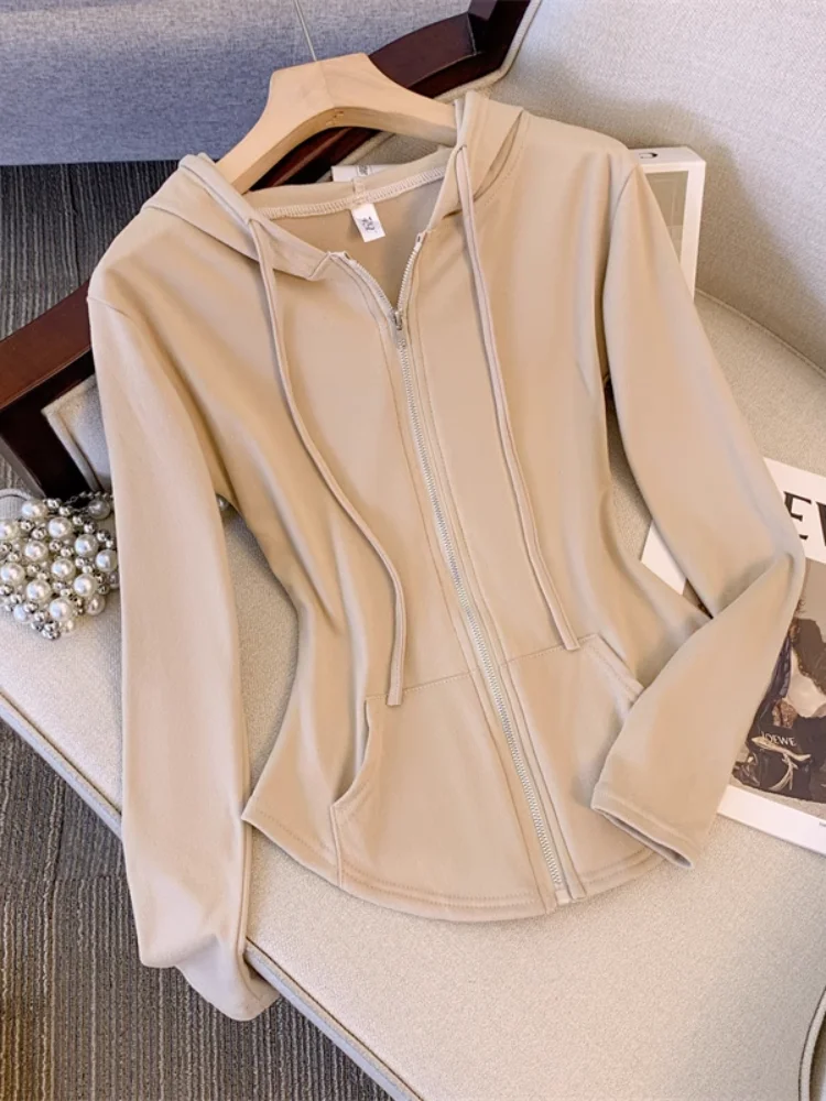 

Irregular Hooded Women Running Sweatshirt Spring Autumn Zipper Long Sleeve Cardigan Solid Color Sport Jacket Shoulder Top