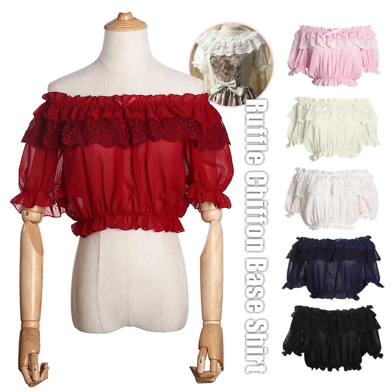 Women Sheer Mesh Puff Sleeve Tops lolita blouses Sweet Princess Lolita Tops Kawaii Lace Ruffled Bottoming Tube Mori Girl Bottom Blouses