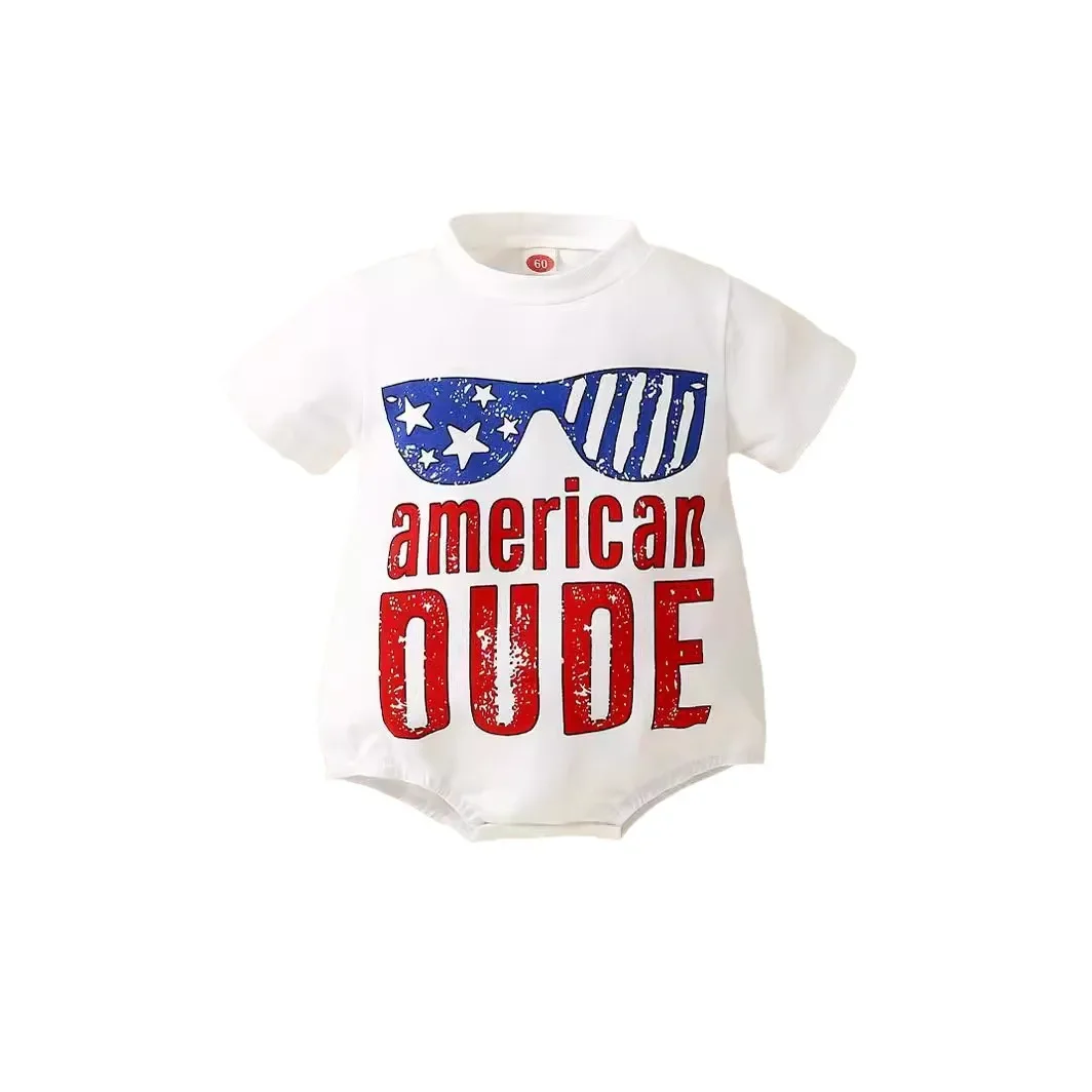 New Cotton Stretch Independence Day American Dude Printed Short Sleeve Baby Boy Romper Footed Crawling Suit for Infants And Todd