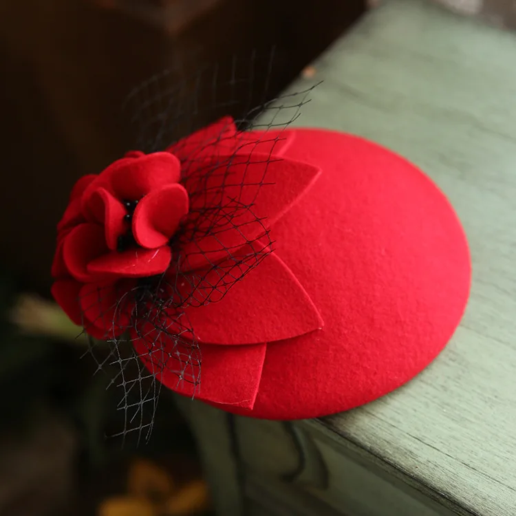 Vintage Pure Wool Fedora Cap Women Mesh Flower Hat Headwear Elegant Ladies Autumn Pillbox Hat