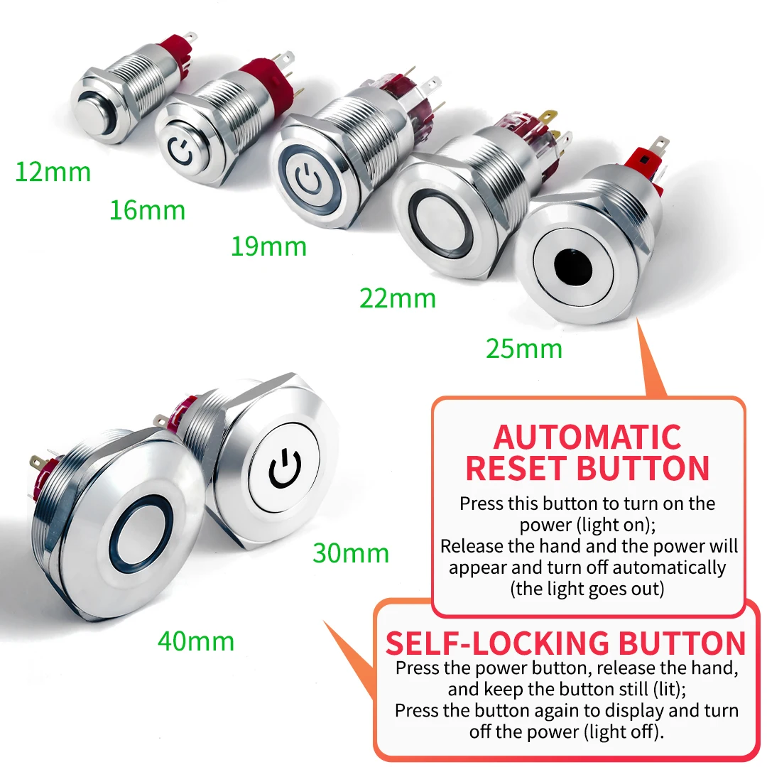 Push Button Switch 12 16 19mm Waterproof Metal Red Yellow LED 12V 24V 220V Momentary Self Locking Car Engine Power Supply