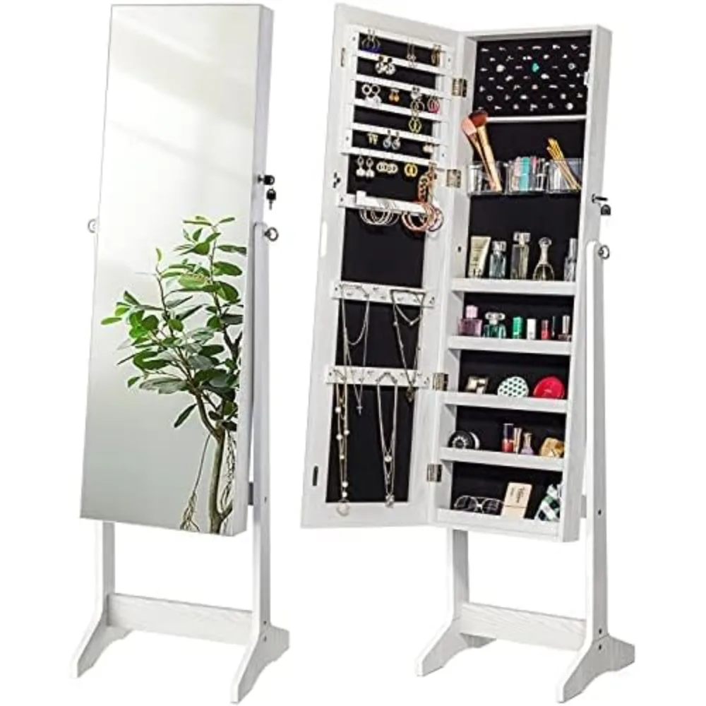 YOKUKINA Jewelry Cabinet Armoire, Large Storage Lockable Jewelry Mirror Organizer with Frameless Free Standing Jewelry Cabinet (