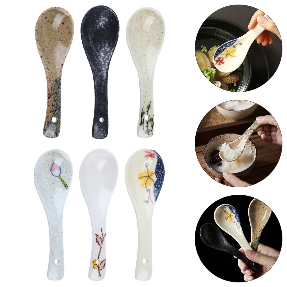 

6pcs Japanese Style Ceramic Spoons Soup Spoons Rice Spoons (Assorted Color)