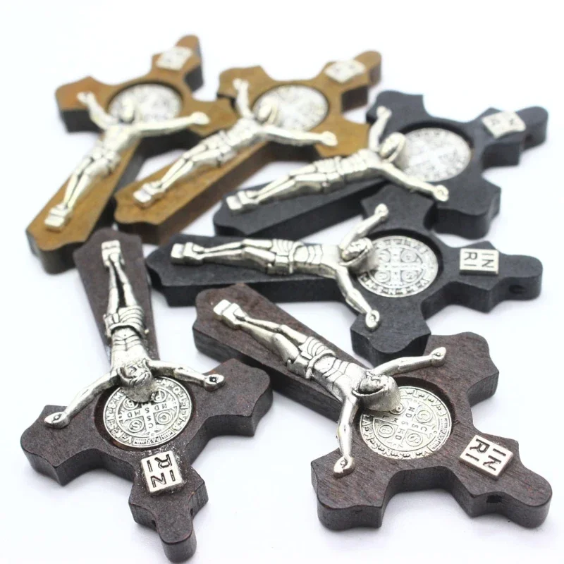 3pcs Religious Wooden Antique Black Brown Cross Rosary Pendant Jesus Saint Benedict Beaded Necklace for Men Women Jewelry handheld wooden cross wooden cross pectoral cross necklace christ pendant