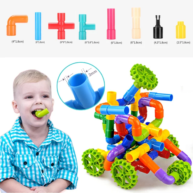 Tube Block Toy Pipeline Tunnel Car Wheels DIY Blocks Creative STEM Bricks Educational Kit Pipe Block Training Toys For Children 2