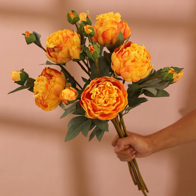 

New Big peony Artificial Silk Flowers long branch 60cm Fake Flowers with Leafs for Living Room Wedding Party Decoration