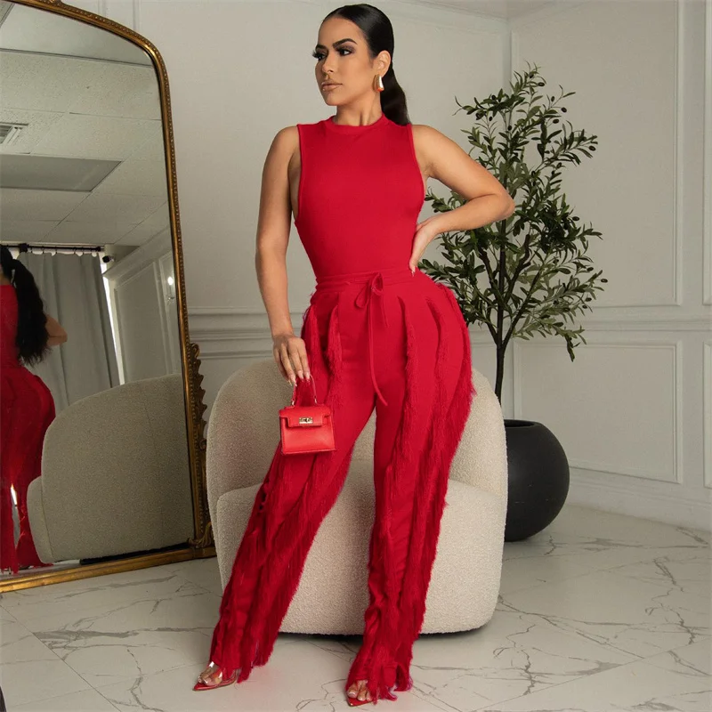 

Elegant Work Wear Two Piece Set Women Summer Outfits Sleeveless Top and Tassel Pants Suits Office Lady Business Matching Sets