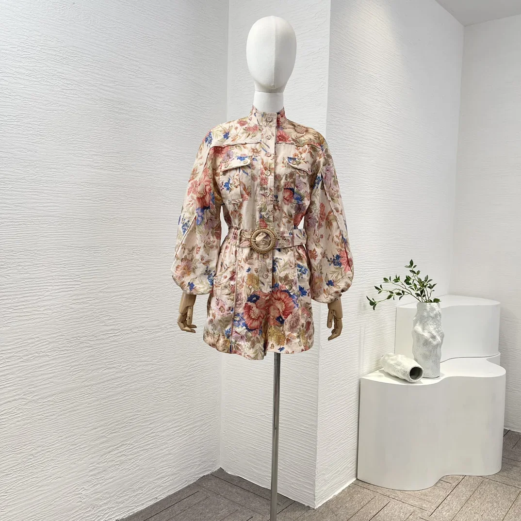 

Женский льняной винтажный комбинезон с цветочным принтом, длинными рукавами-фонариками, карманами и поясом, 2024