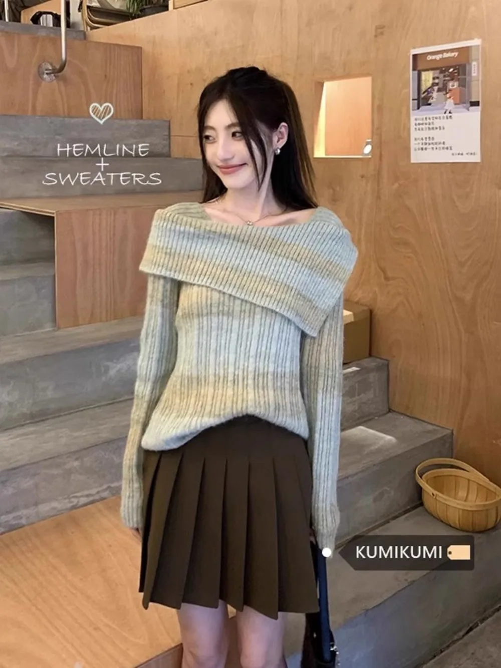 

Soft Sweater One Word Autumn Clashing Gradient Design Sense Fashion Pullover Sweater Sweater Long Sleeve Knitted Top 2024