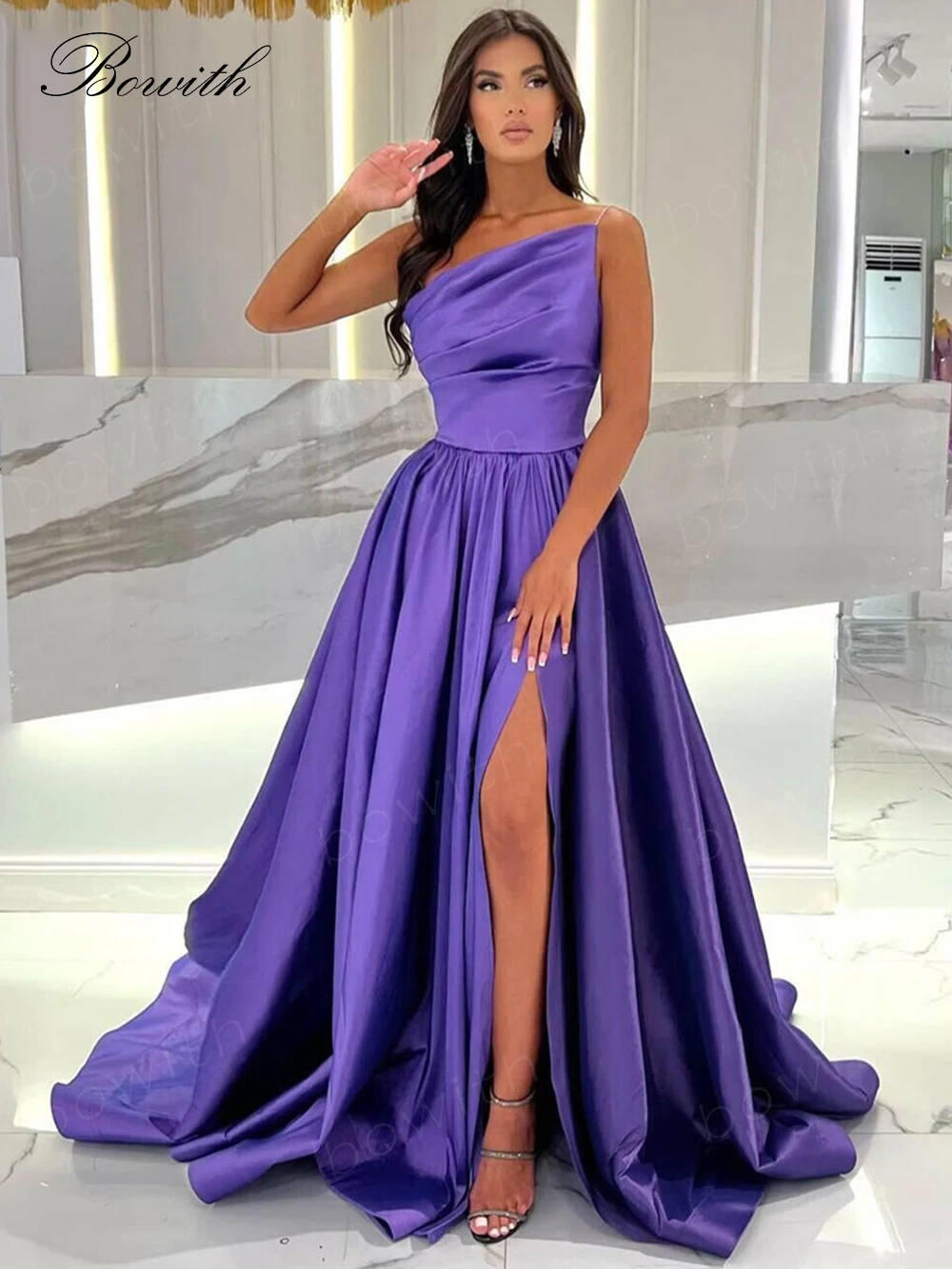 

Bowith One Shoulder Evening Dress A Line Party Dress for Women Beads Straps Formal Occasion Dresses with High Slit Prom Gown