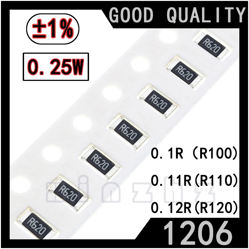 50 шт., чиповый резистор SMD 1206, высокоточный чип 1% Вт, фиксированное сопротивление 0.1R 0.11R 0.12R 0.1Ω Ом, печать R100 R110 R120 чип резистор smd 1206 1 0 ом 100 штук