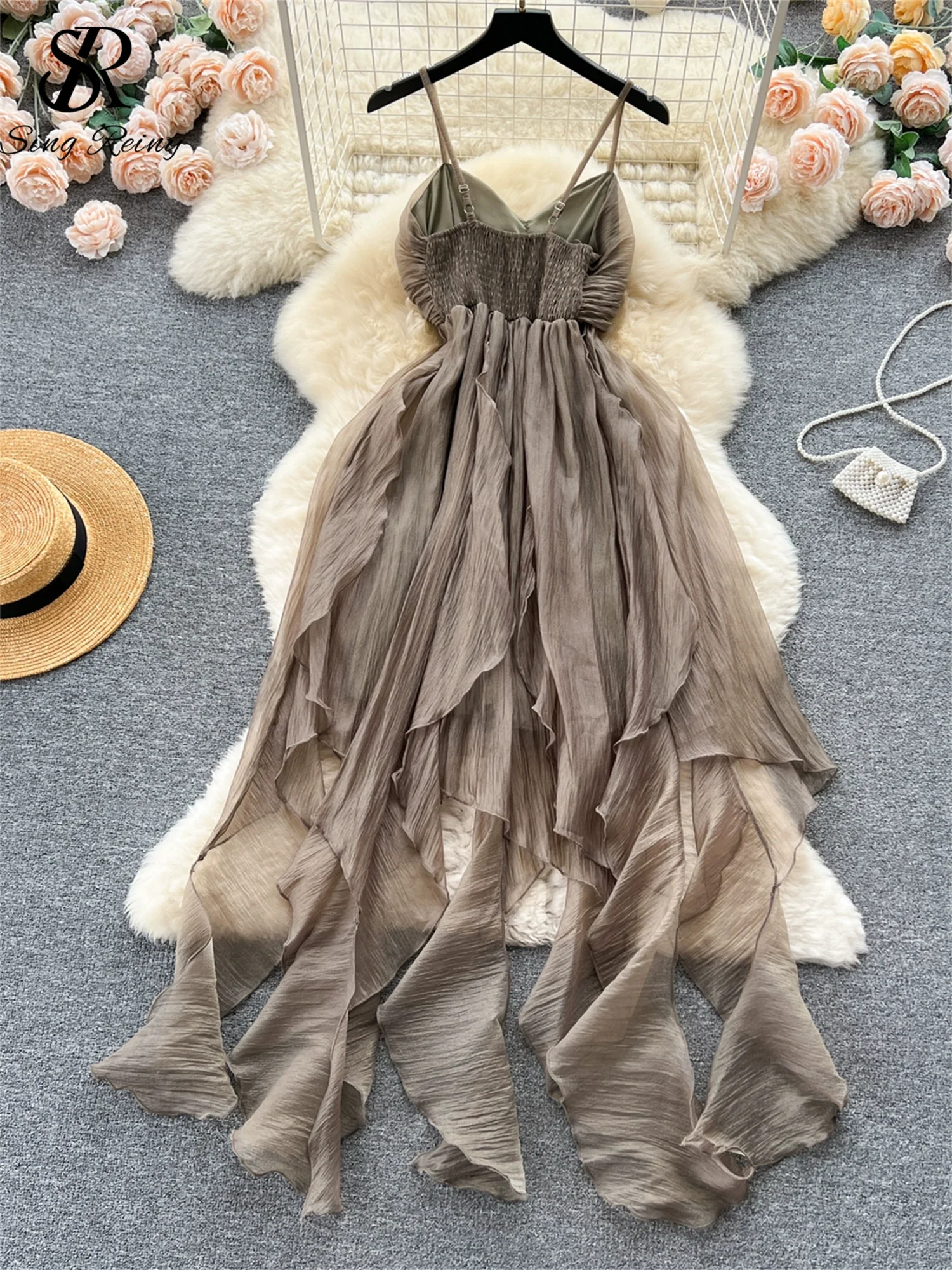 SINGREINY Summer Beach Vacation Style Dress Women Elastic Waist Spaghetti  Strap Ribbon Irregular Fashion Sexy Slim Long Dress - AliExpress 200000345