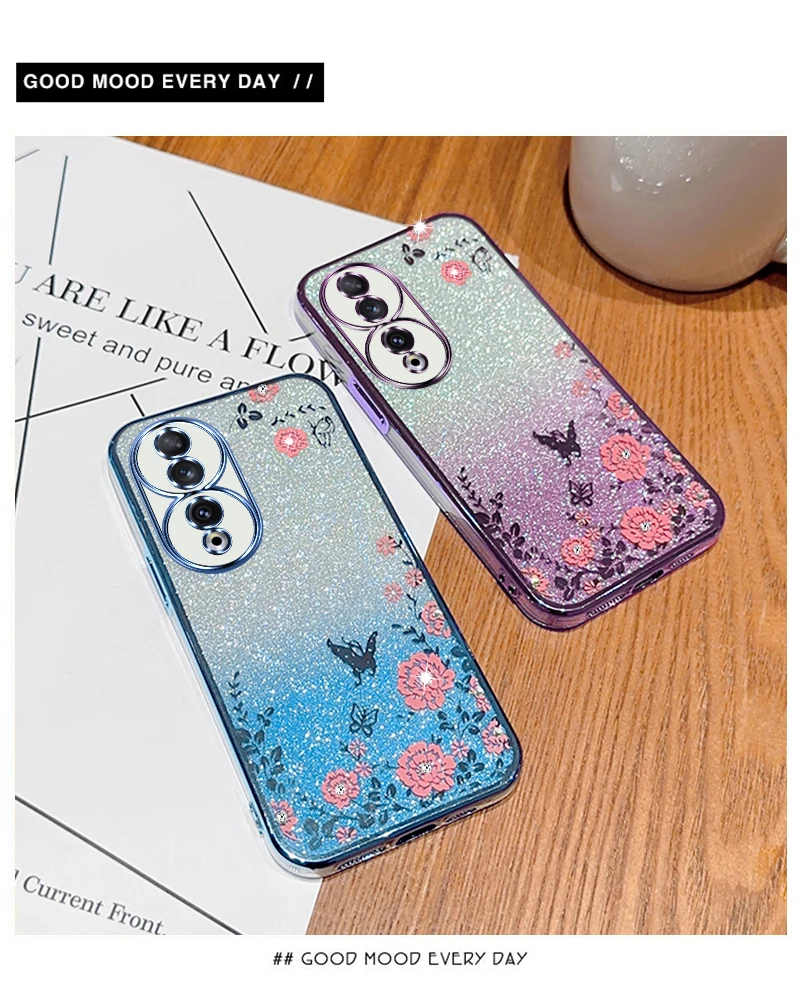 Glitter Butterfly Flower Phone Case For Huawei Honor X8 X9 X9A 90 80 70 60 50 20 9X Y9 Y7A Y9S P30 Pro Gradient Cover_voghion.com
