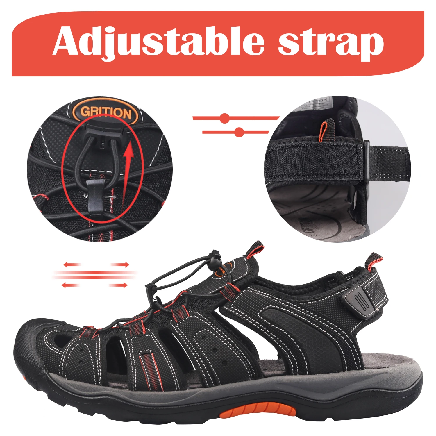 GRITION Men Outdoor Hiking Sandals Closed Toe Sport Water Sandal Waterproof Athletic Adjustable Sandals Comfortable 2