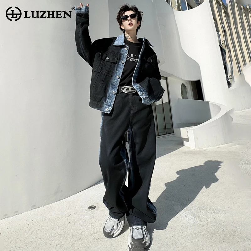 

LUZHEN 2024 корейский джинсовый лоскутный Модный комплект из двух частей уличная Высокая мужская куртка прямые брюки Повседневная красивая одежда LZ1526