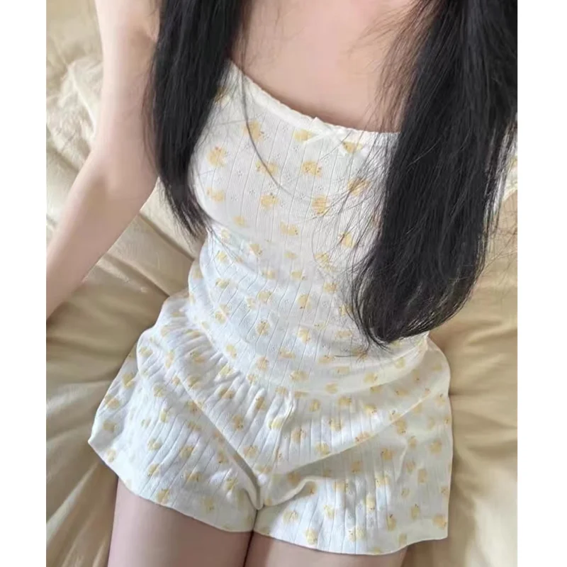 귀여운 여성용 베이지 오리 프린트 캐미솔, 2024 패션, 레이스 민소매 나비 매듭 캐미솔, 캐주얼 여성, 귀여운 소프트 캐미솔, 여름