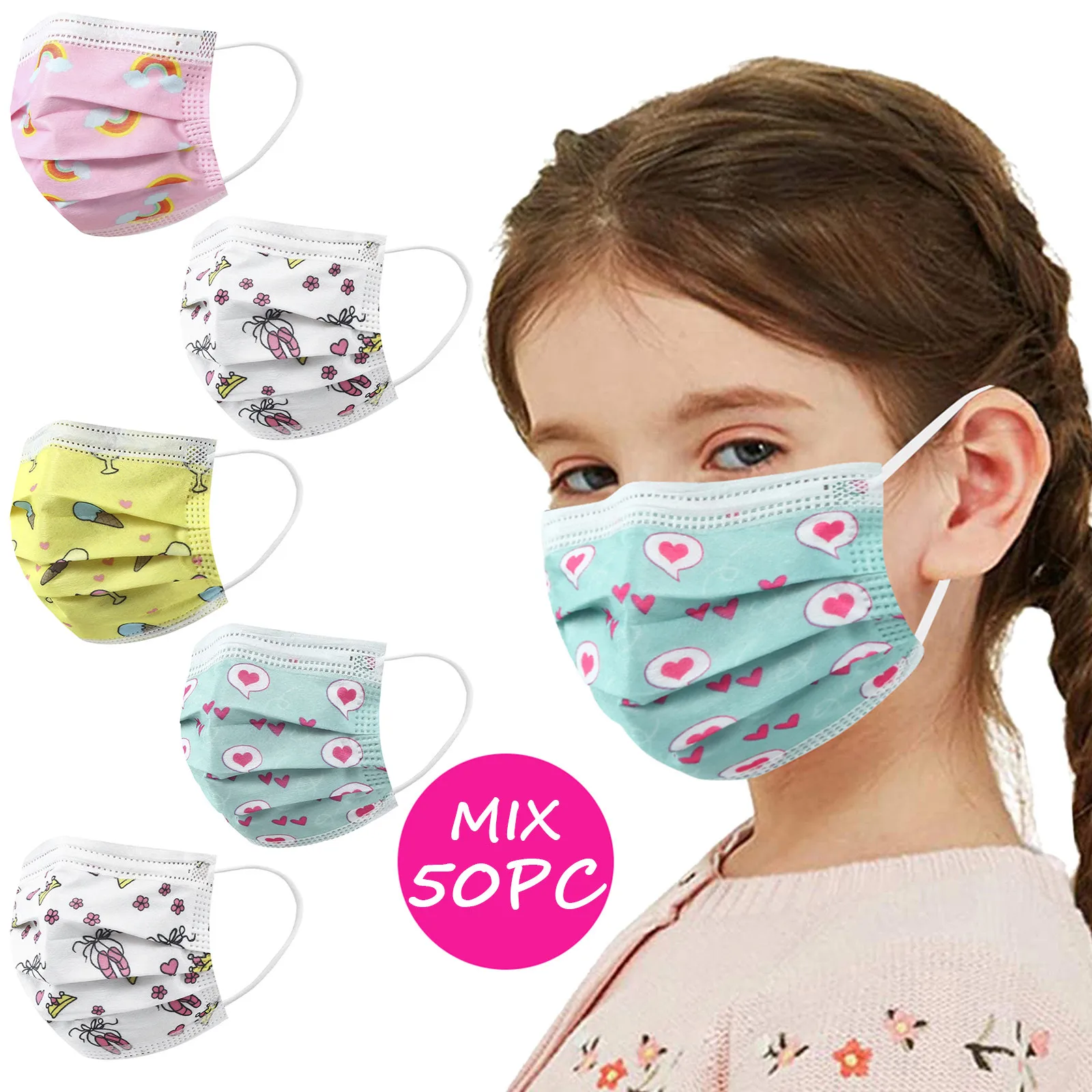 50pc Kids Children's Mask Disposable Face Mask Industrial 3ply Ear Loop Disposable Mouth Covers