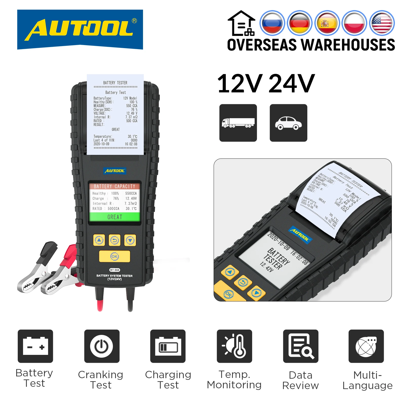 AUTOOL BT860 Car Battery Tester 12 24V Truck Cranking Charging Test ...