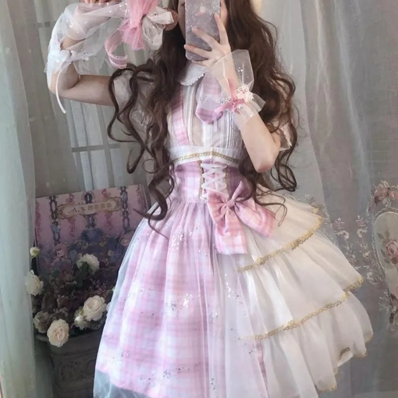

Vintage Japanese Lolita Summer 2024 Sweet Patchwork Lace Bow Drawstring Bandage Fashion and Elegant Sleeveless Camis Dresses