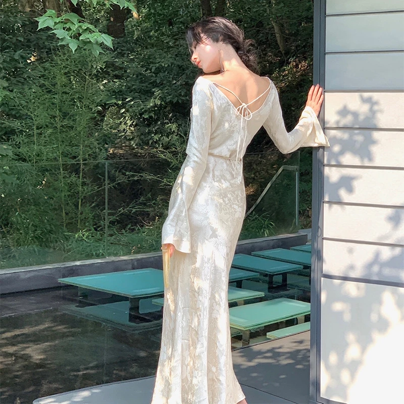 French Vintage Bodycon Evening Dresses for Women Autumn Wedding Prom Robe Flare Sleeve Swinging Collar Midi Vestidos Mujer New