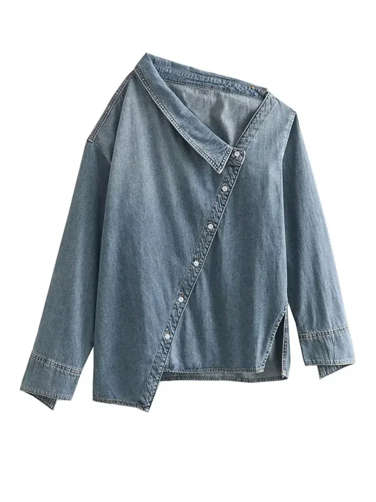 

HH TRAF Autumn Fashion Asymmetric Women's Denim Shirt Retro Long Sleeve Slant Collar Front Slit Women's Street Casual Shirt