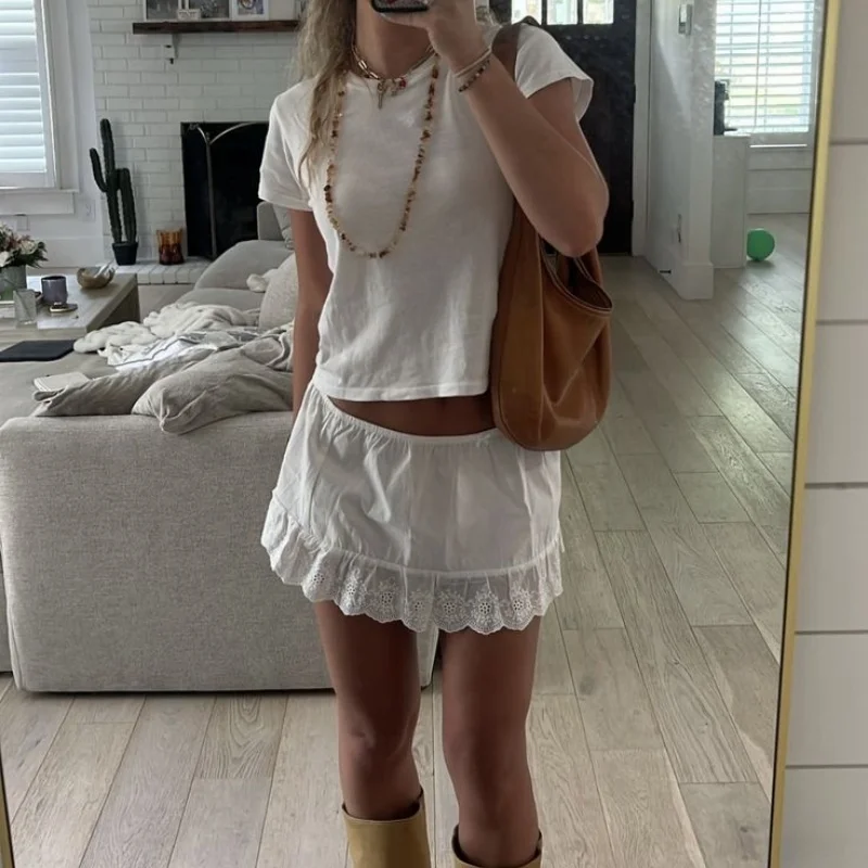 Y2K Cutecore Mini Skirts Women Lace Lolita Short Skirts White Floral Eyelet Hem Skirt Club Party Female A-line Skirts Streetwear 5