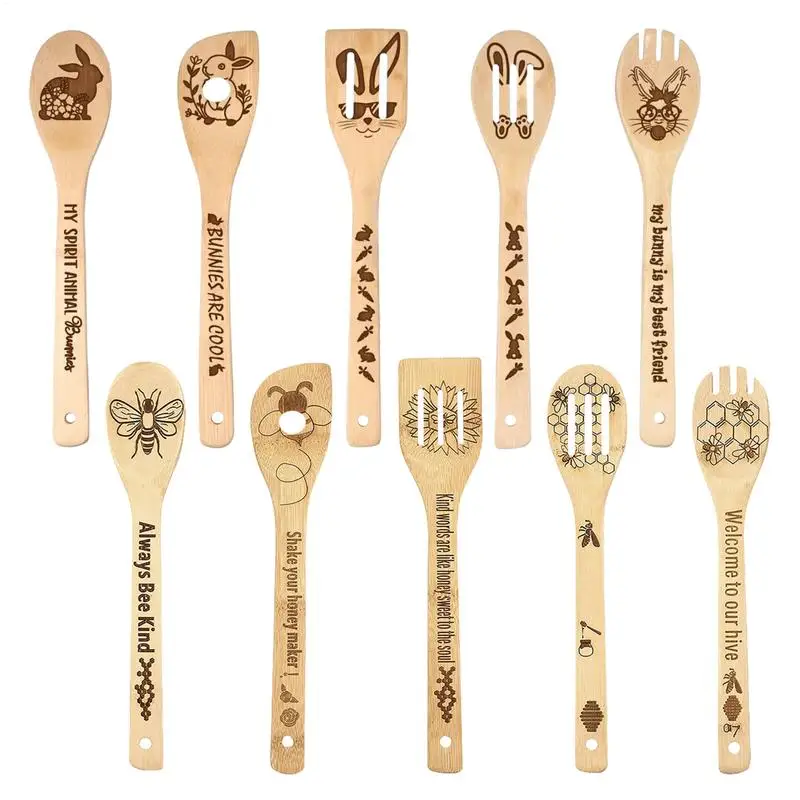 5 Piece Wooden Spoon Cooking Utensil Set Easter Cooking Spatula Funny Handmade Home Tableware Dinnerware Cutlery For Kitchen