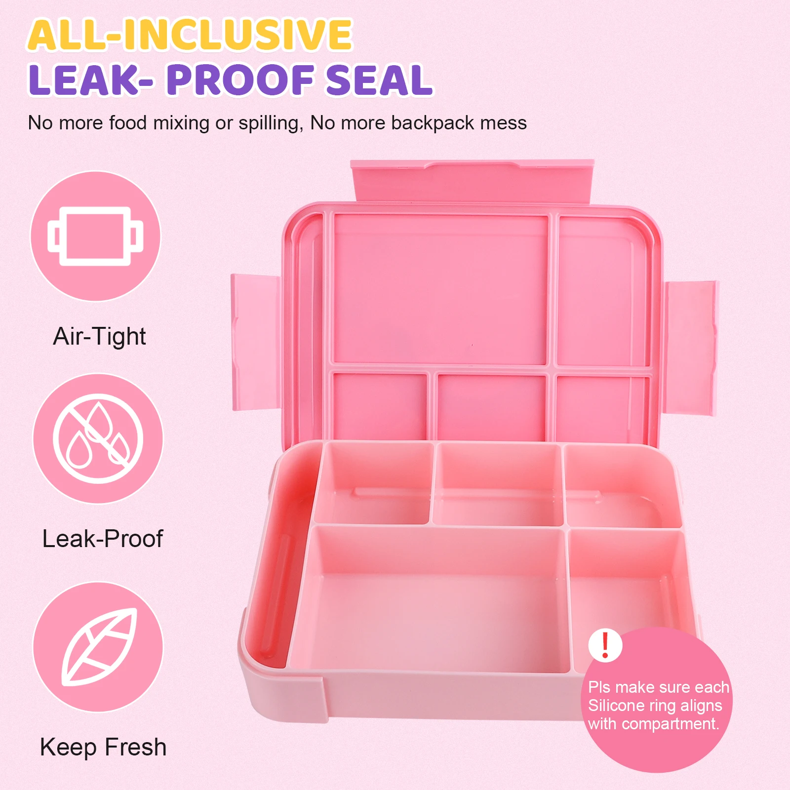 Pink Bento Lunch Box For Kids Girls Microwave Oven Bento Box With 6 Compartments BPA-Free Snack Food Container for School Picnic - 4