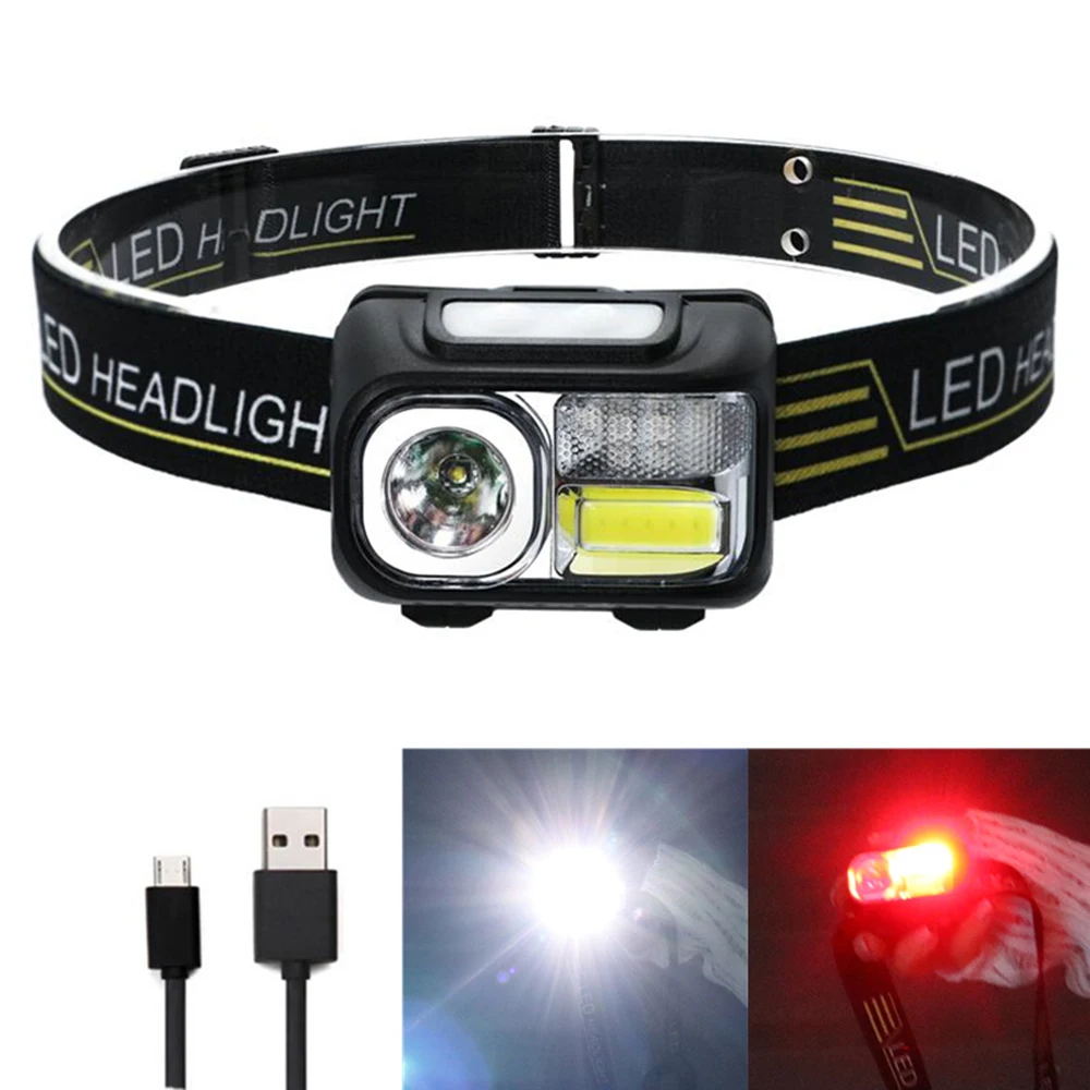 Sensing head lamp Induction Head light USB Rechargeable Headlamp + Built in Battery COB White / Red LED Fishing Flashlight head flashlight cob headlamp
