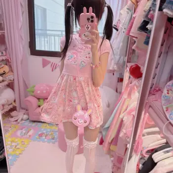 Summer Short Sleeve T-Shirt Dress Cute Rabbit Print Soft Girl Skirt Sweet Cartoon Style Revival Daughter's Dress A-Line Skirt 1
