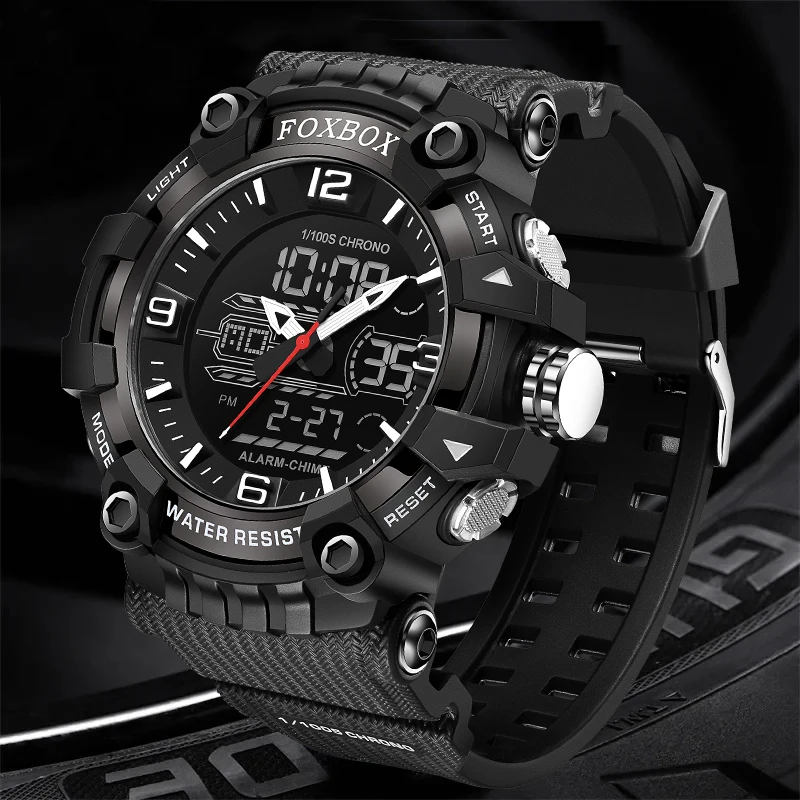FOXBOX Quartz Watches For Men Silicone Bracelet Sports Wristwatches Waterproof Alarm Clock Analog Digitals Clock Reloj Hombre