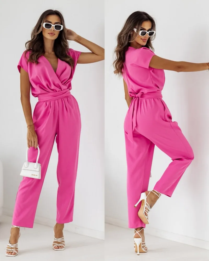 Women's New Sexy Fashion Vacation Style Casual Commuting Street Style Versatile Slim Fit Solid Color V-neck Jumpsuit