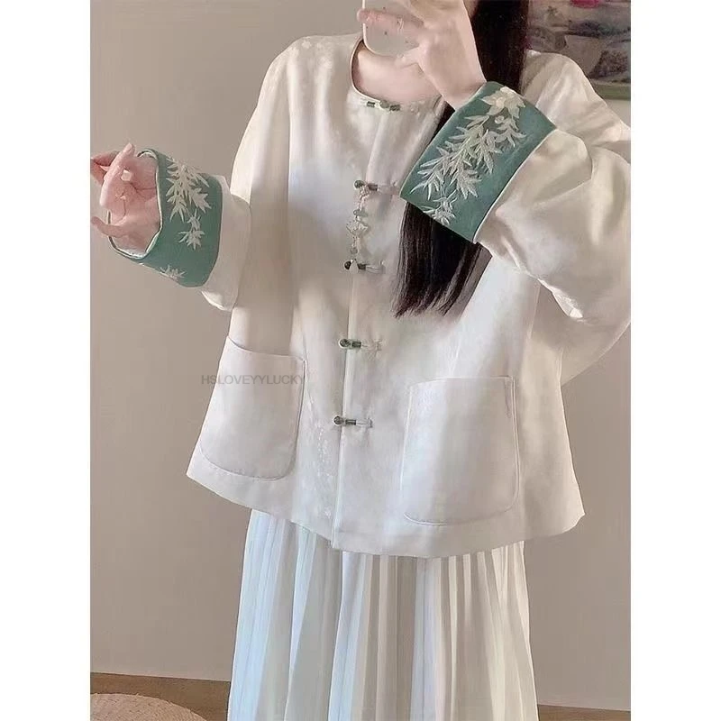Autumn New Vintage Chinese Style Stand Collar Dragon Print Silk Shirt Women's Long Coat Embroidery Tangsuits Coat