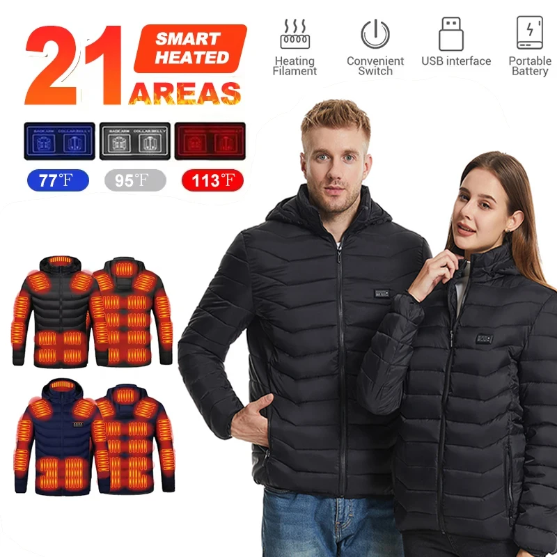 21 Areas Heating Jackets USB Hooded Heated Jacket Men Warm Vest Hiking Camping Winter Outdoor Heated Clothing