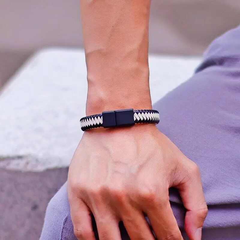 Men Leather Bracelet Leather Magnetic Bracelet Leather Bangle Unique Weaven Leather Bracelet with Detachable Magnet Buckle Wrap for Boyfriend Punk Jewelry