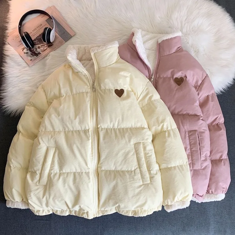Double Sided Design Pink Student Clothes Coat Cute Embroidery Parkas Coat Women Winter Korean Fashion Thick Loose Warm Jacket