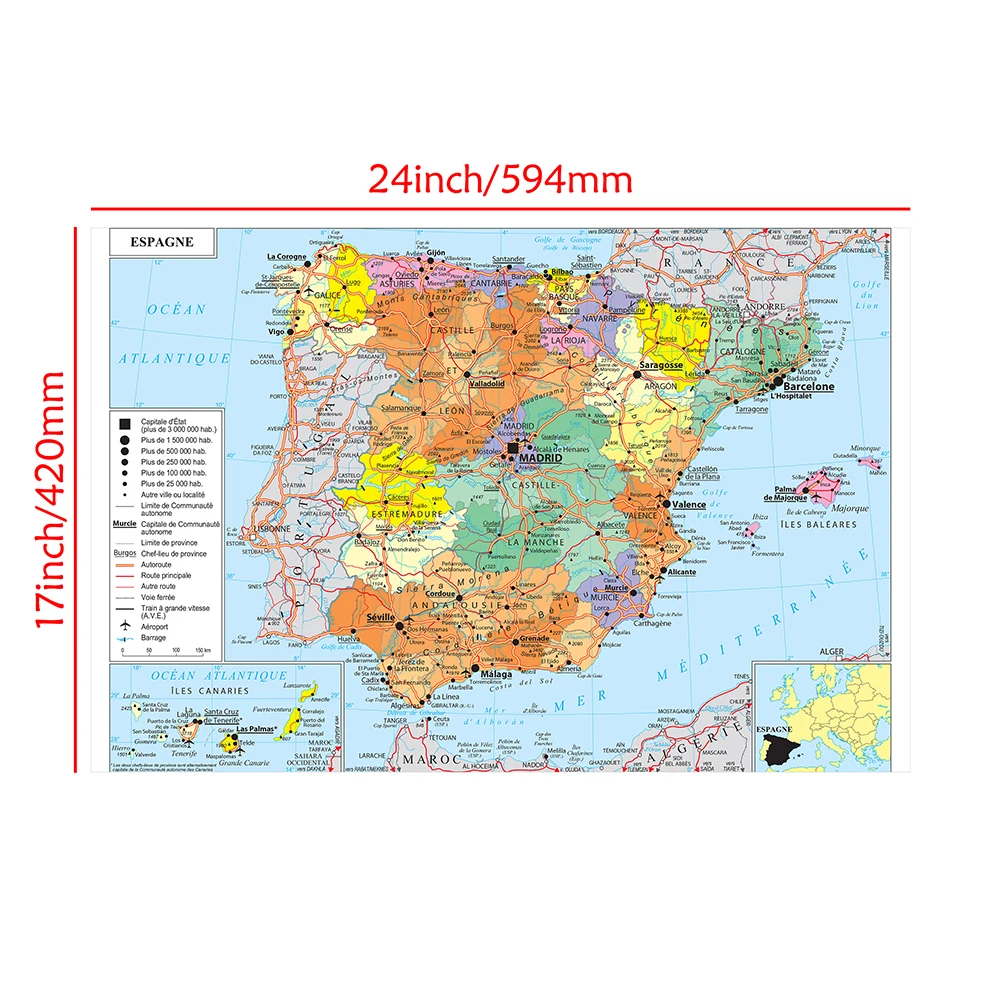 59*42cm The Spain Transportation Map in French Wall Art Poster Canvas Painting Travel School Supplies Home Decoration