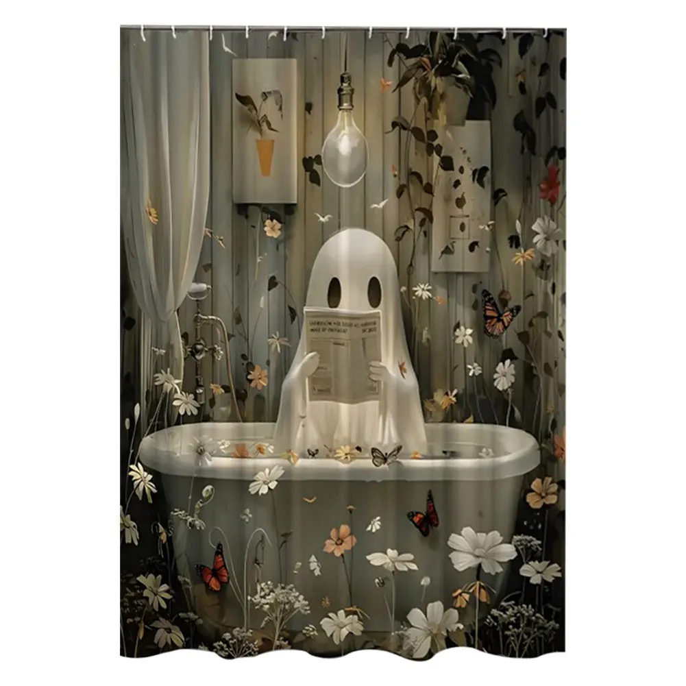 Cute Cartoon Ghost Halloween Bathroom Curtain Polyester Fabric Bathtub Curtain Spooky Bathroom Curtain for Bathroom Decorations