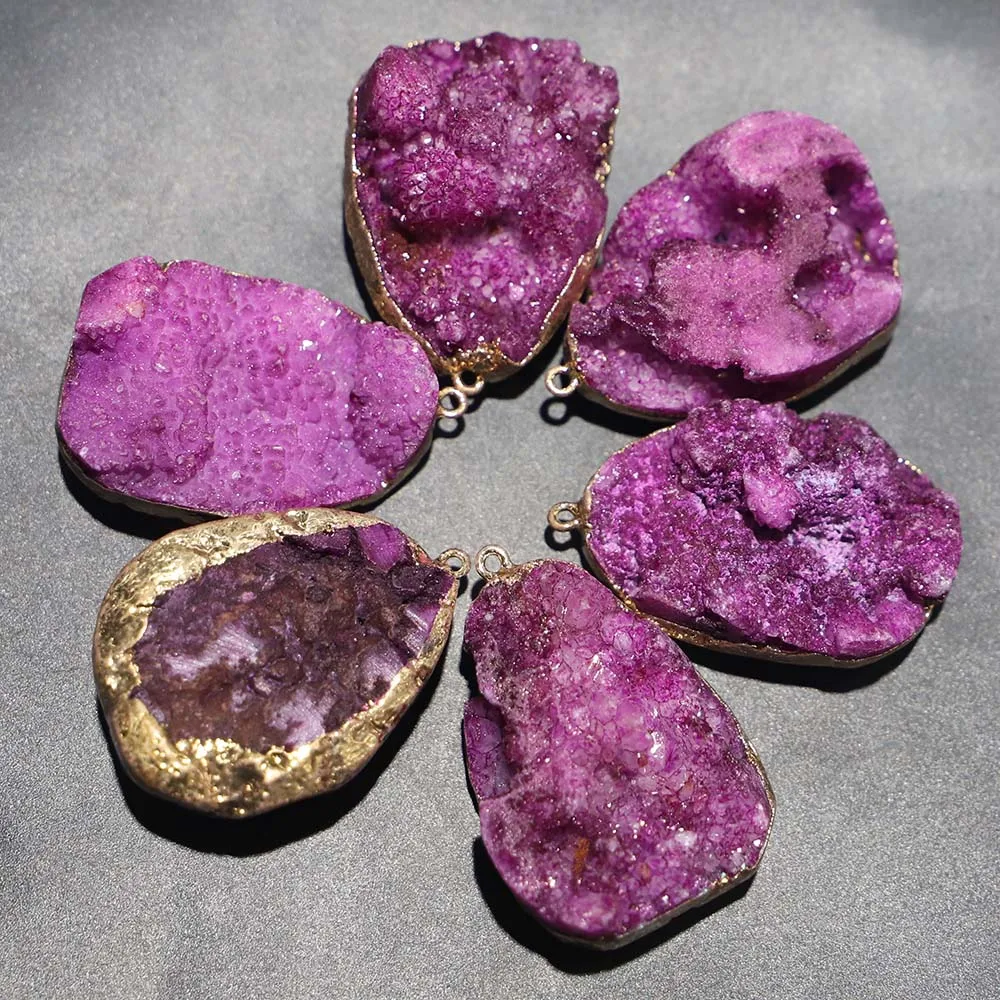 Natural Stone Mei Red Crystal Druse Tooth Agate Pendant Irregular Mineral Healing Necklace DIY Jewelry Accessorie Wholesale 6Pcs