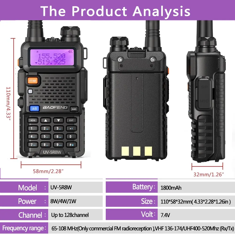 Baofeng walkie talkie uv 5r 5w 8w Dual-Band-Schinken Zwei-Wege-Radio vhf uhf fm Hand-Transceiver Jagd 16km