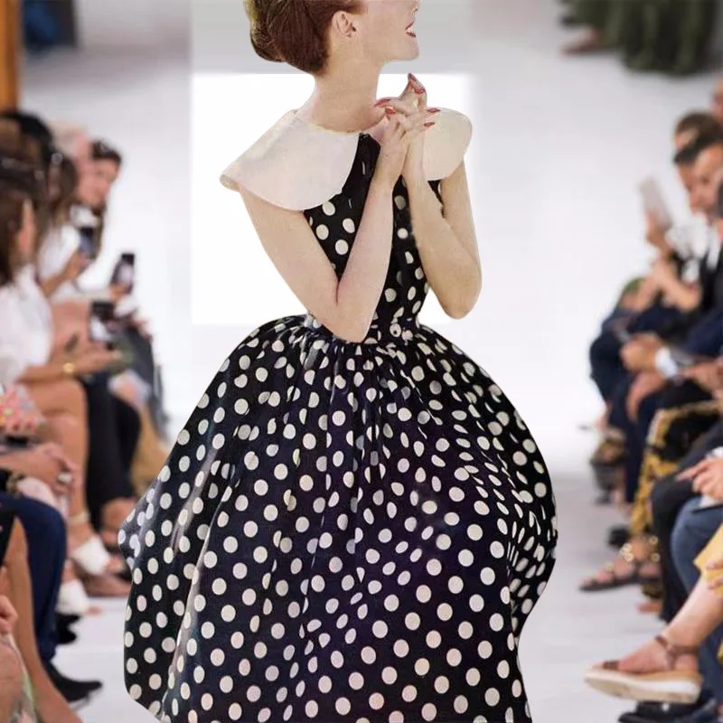 

Vintage White Black Polka Dot Dress for Women 2023 Runway Designer Elegant Sleeveless Pleated Chiffon Summer Dresses