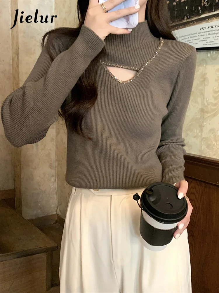 Jielur Herbst neue schlanke Frauen Pullover süße Damen elegante Pullover Frau einfache grundlegende schwarz weiße Aprikosen pullover weiblich