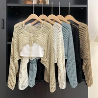Summer Fashion Lace-up V-neck Long Sleeve Hollow Knitted Cardigan Women's Crop Top 1