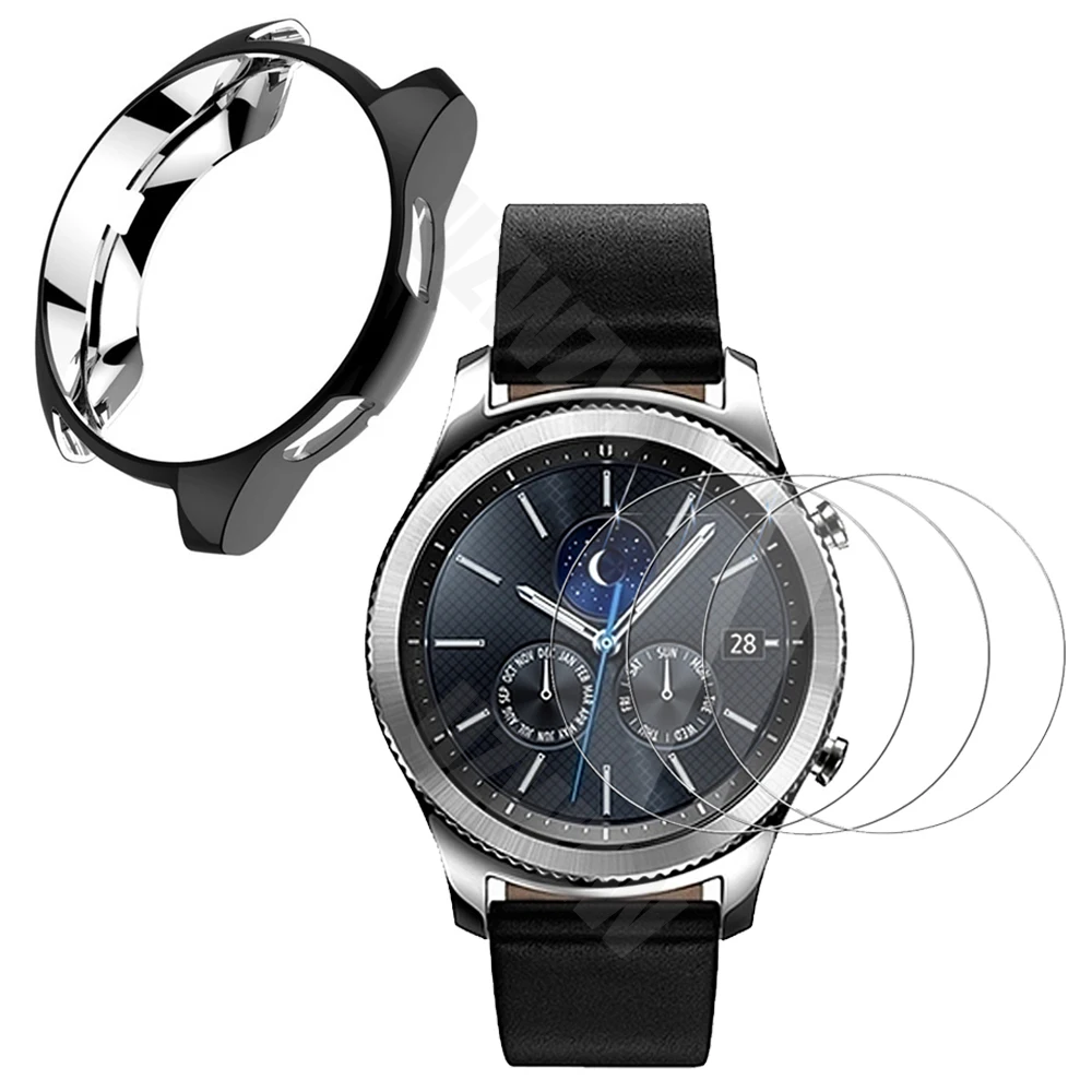 

(3 + 1) для Samsung Galaxy Watch 46 мм/42 мм/Gear S3 (3 шт.) Защитная пленка для экрана из закаленного стекла и (1 шт.) защитный чехол из ТПУ
