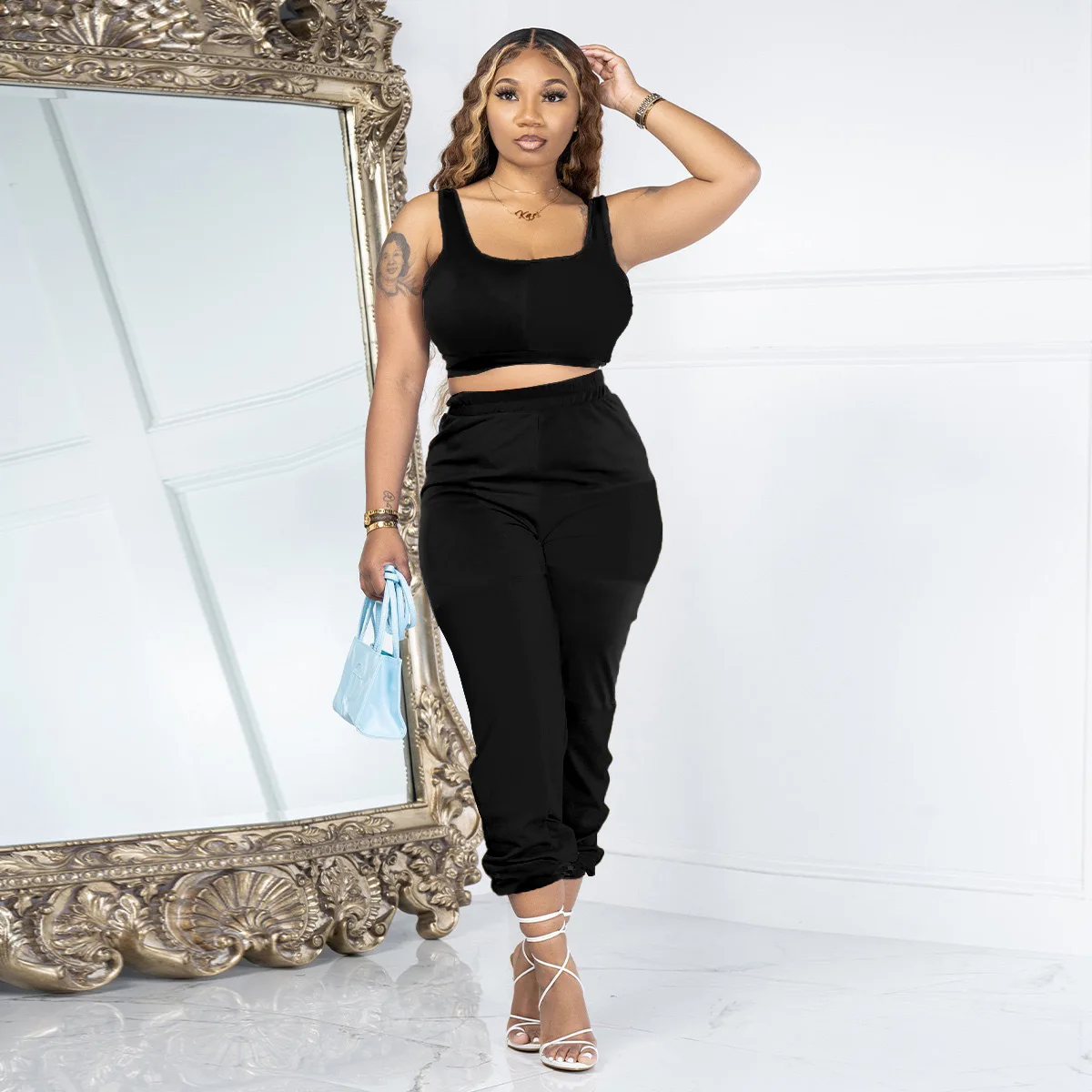 

Fashion Sleeveless Crop Top+High Waist Pockets Long Pant Tracksuit Joggers Solid Casual Two Peice Set for Women Matching Sets