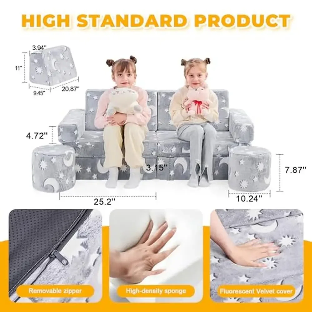 Kids Modular Sofa Set Creative Play Couch Children's Sectional Furniture Fun Patterns Blue Glow Gift Toddlers Durable Foam 2