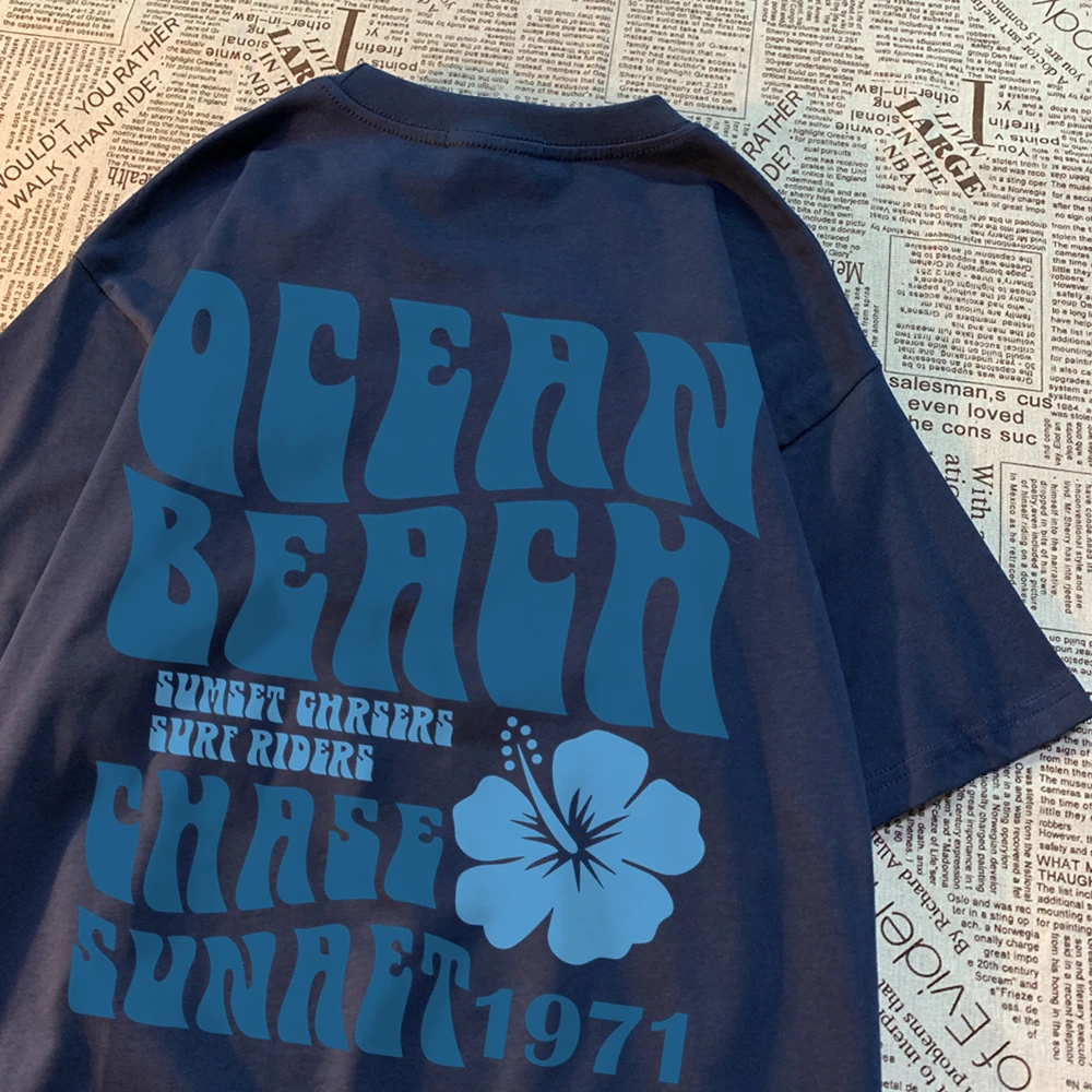 Ocean Beach Chase Sunset 1971 Loose Men Women Tshirts Pattern Tee Clothes Summer T Shirts Harajuku Loose Cotton Couple T-Shirt
