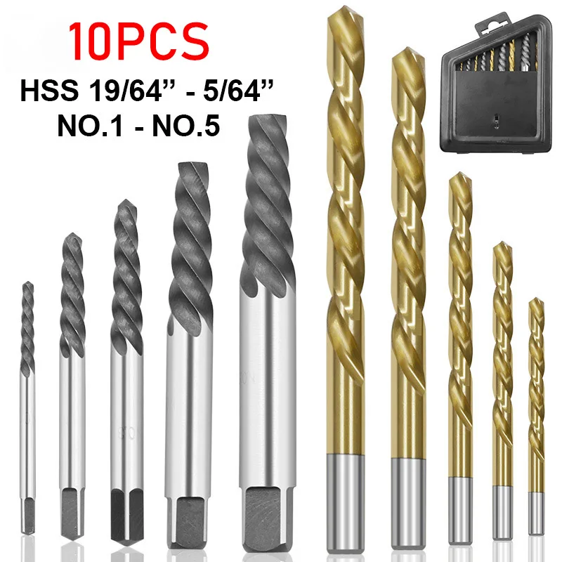 

10Pcs/Set 5 Damaged Screw Extractors+5 Drill Bits Cobalt Left Hand Broken Bolt Screw Extractors Combination Woodworking Tools