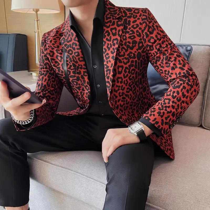

2023 High-quality fashion all-in-one banquet casual leopard print suit jacket men's slim suit two-grain single-row suit Blazers
