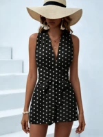 Women's Romper Black Polka Dot Sleeveless Deep V Neck Short Wide Leg Playsuit Casual Spring Summer Beach Vacation Party Jumpsuit - Image 6